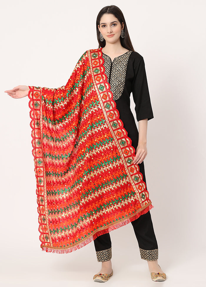 Red Chiffon Phulkari Embroidered Work Dupatta - Indian Silk House Agencies