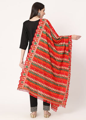 Red Chiffon Phulkari Embroidered Work Dupatta - Indian Silk House Agencies