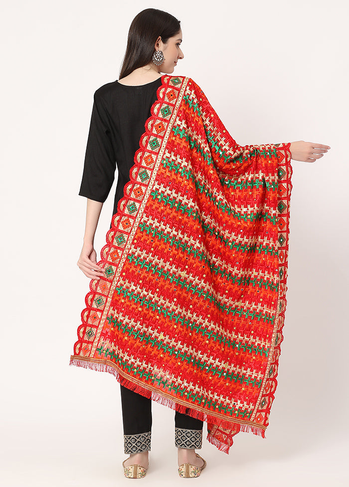 Red Chiffon Phulkari Embroidered Work Dupatta - Indian Silk House Agencies