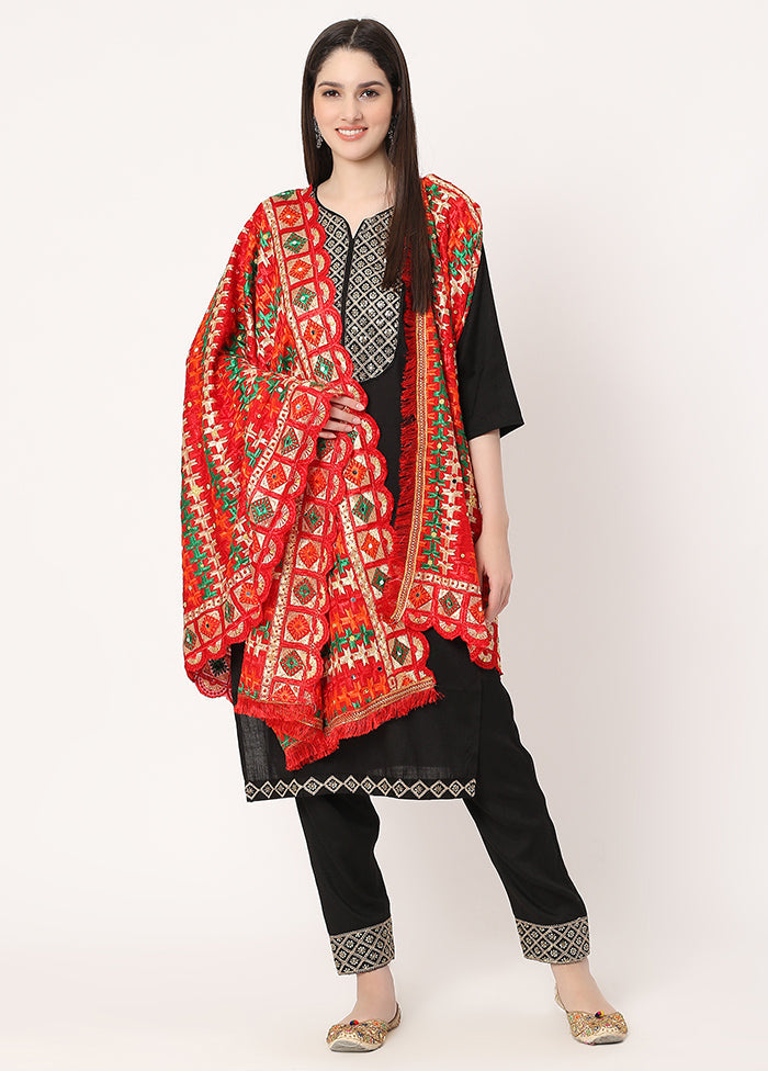 Red Chiffon Phulkari Embroidered Work Dupatta - Indian Silk House Agencies