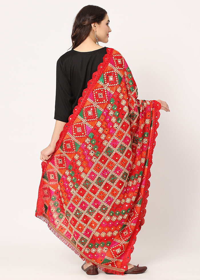 Red Chiffon Phulkari Embroidered Work Dupatta - Indian Silk House Agencies