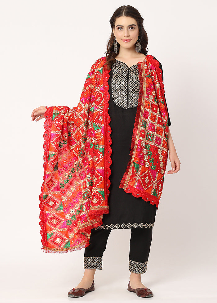 Red Chiffon Phulkari Embroidered Work Dupatta - Indian Silk House Agencies