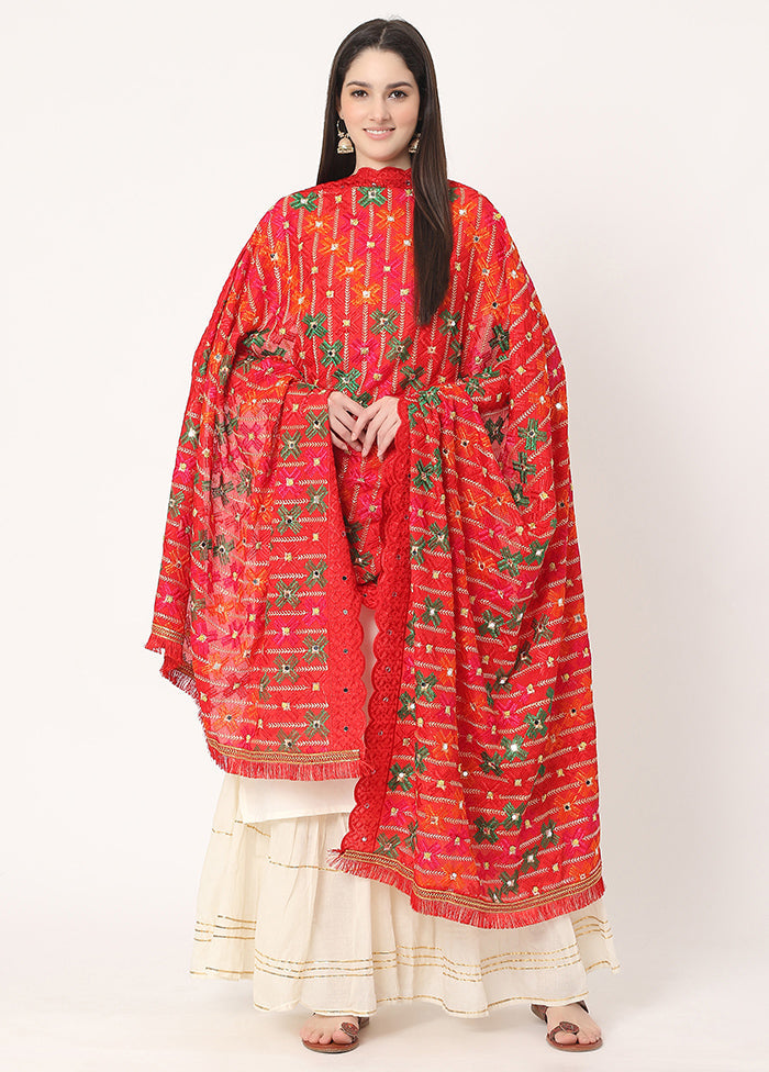 Red Chiffon Phulkari Embroidered Work Dupatta - Indian Silk House Agencies