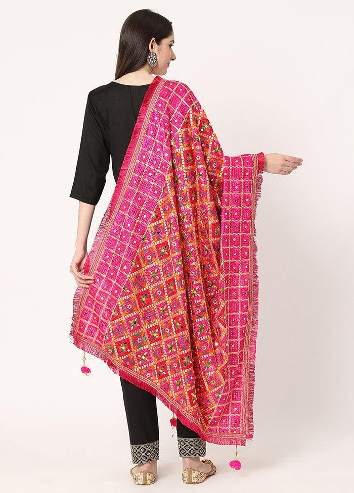 Pink Chiffon Phulkari Embroidered Work Dupatta - Indian Silk House Agencies