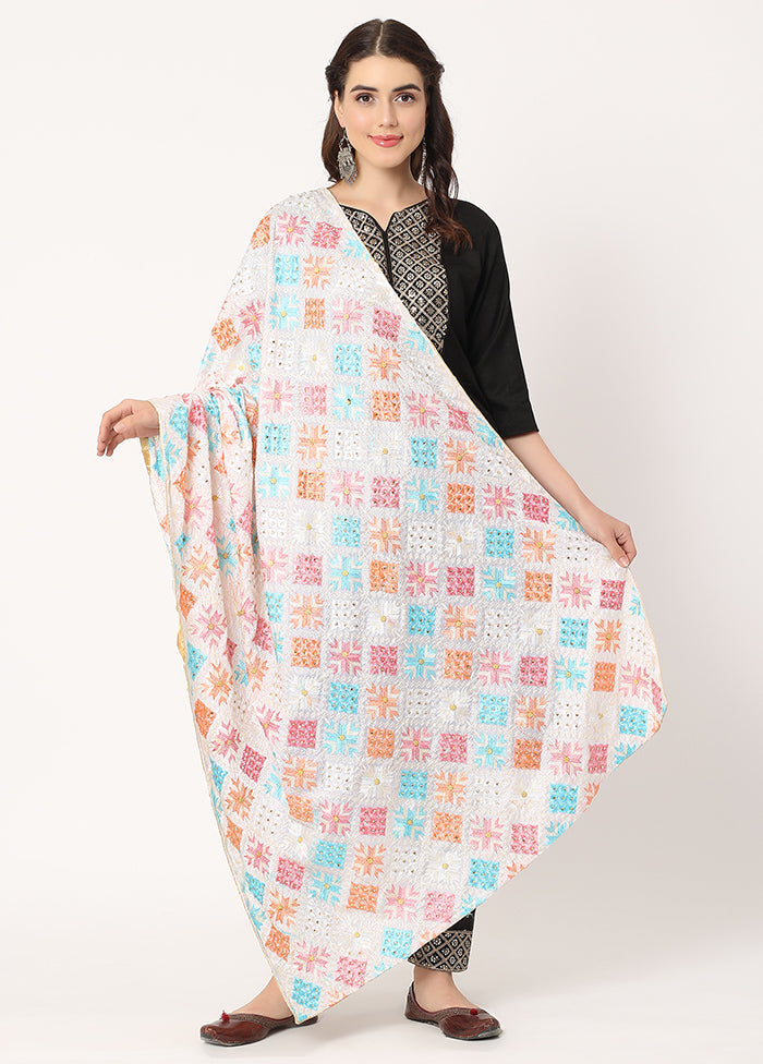 White Chiffon Phulkari Embroidered Work Dupatta - Indian Silk House Agencies