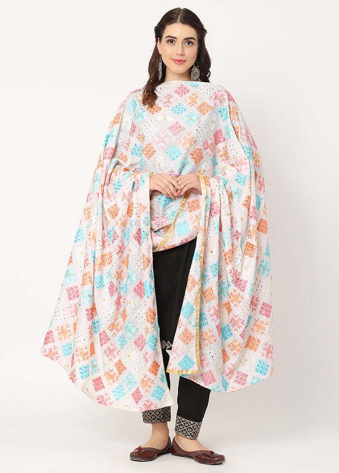 White Chiffon Phulkari Embroidered Work Dupatta - Indian Silk House Agencies