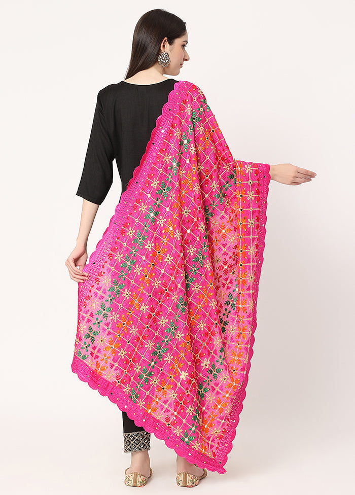 Pink Chiffon Phulkari Embroidered Work Dupatta - Indian Silk House Agencies