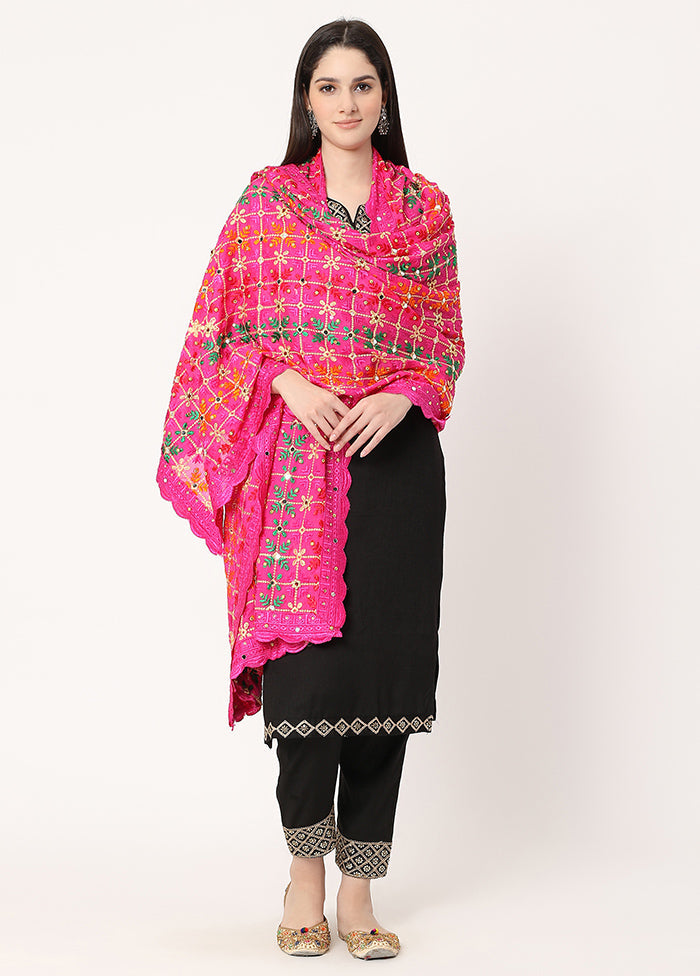 Pink Chiffon Phulkari Embroidered Work Dupatta - Indian Silk House Agencies