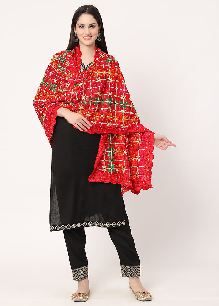 Red Chiffon Phulkari Embroidered Work Dupatta - Indian Silk House Agencies