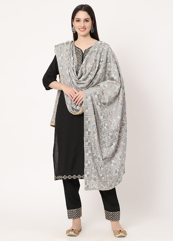 Grey Chiffon Phulkari Embroidered Work Dupatta - Indian Silk House Agencies