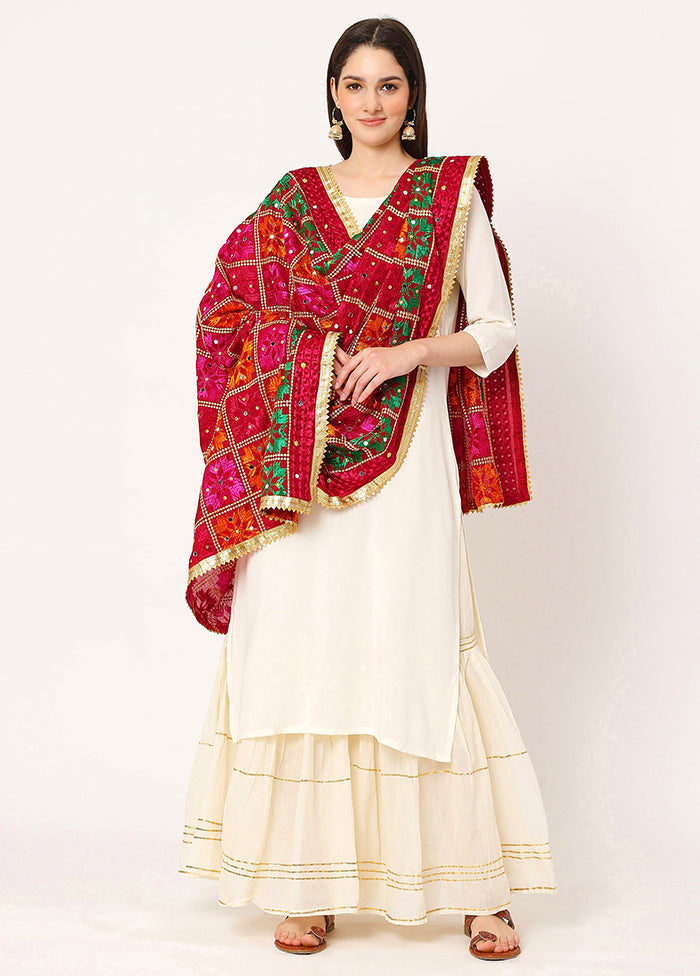 Maroon Chiffon Phulkari Embroidered Work Dupatta - Indian Silk House Agencies