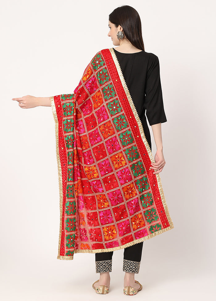 Red Chiffon Phulkari Embroidered Work Dupatta - Indian Silk House Agencies