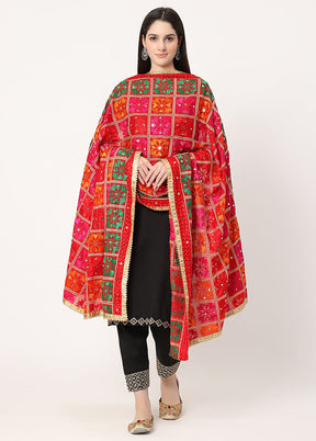 Red Chiffon Phulkari Embroidered Work Dupatta - Indian Silk House Agencies