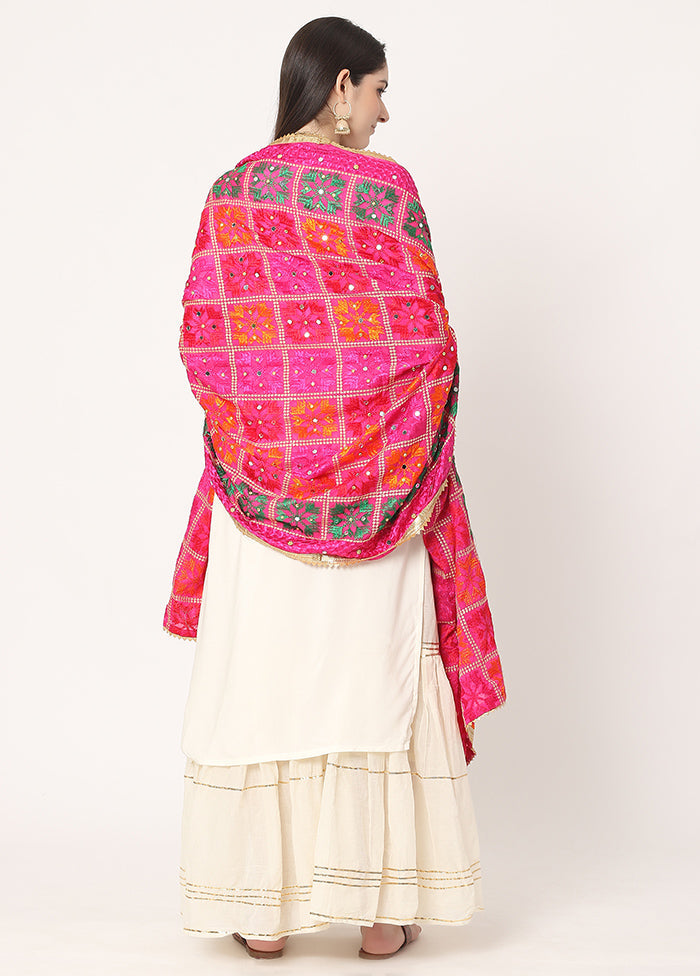 Pink Chiffon Phulkari Embroidered Work Dupatta - Indian Silk House Agencies