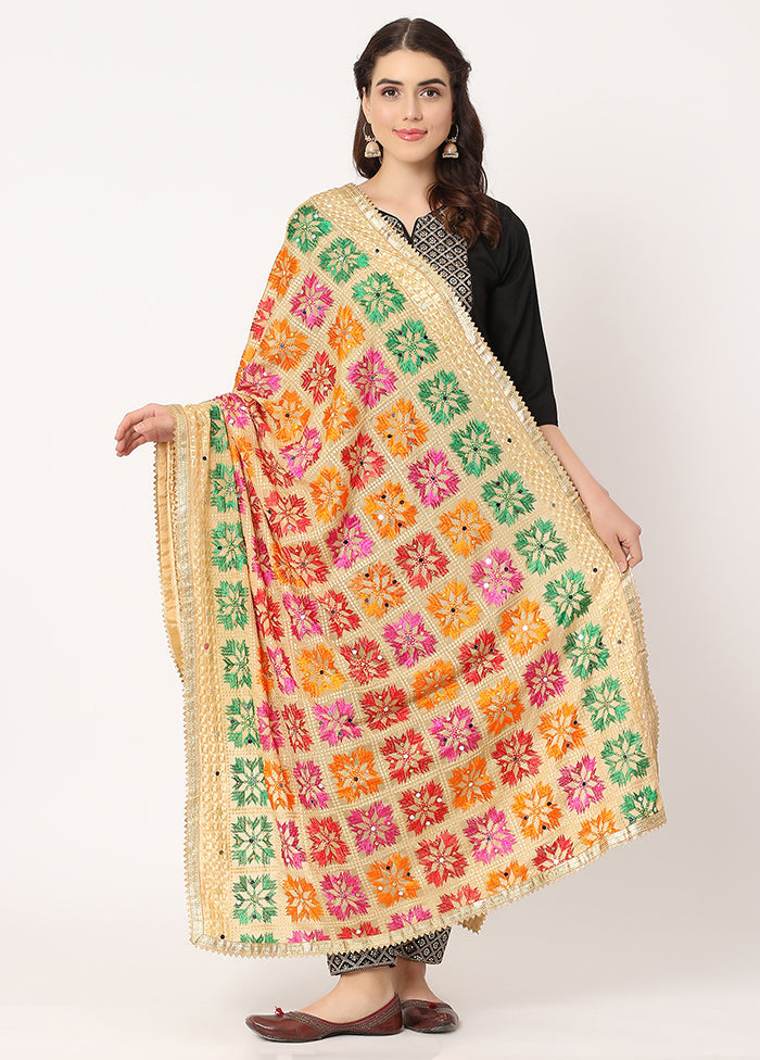 Beige Chiffon Phulkari Embroidered Work Dupatta - Indian Silk House Agencies