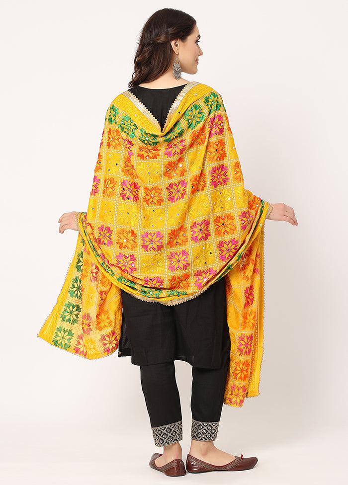 Yellow Chiffon Phulkari Embroidered Work Dupatta - Indian Silk House Agencies