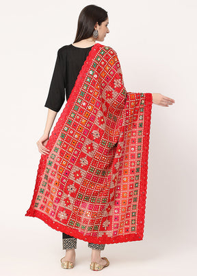 Red Chiffon Phulkari Embroidered Work Dupatta - Indian Silk House Agencies