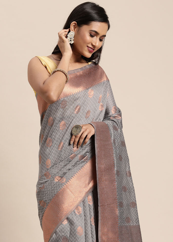 Grey Spun Silk Saree With Blouse Piece - Indian Silk House Agencies