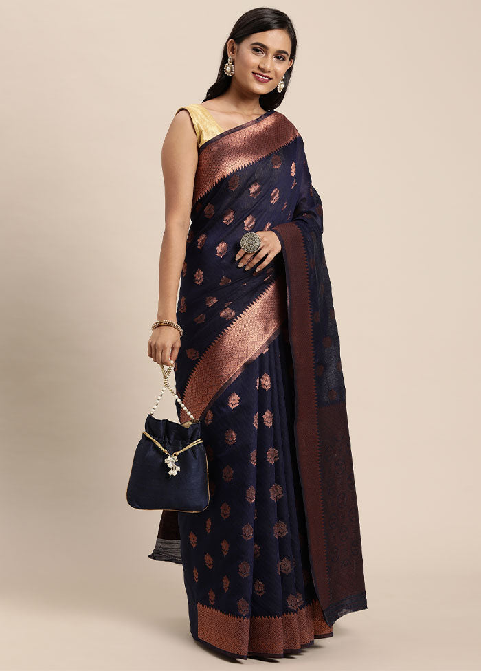 Navy Blue Spun Silk Saree With Blouse Piece - Indian Silk House Agencies