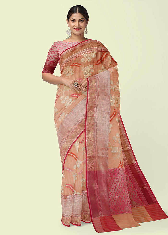 Peach Silk Zari Saree Without Blouse Piece - Indian Silk House Agencies