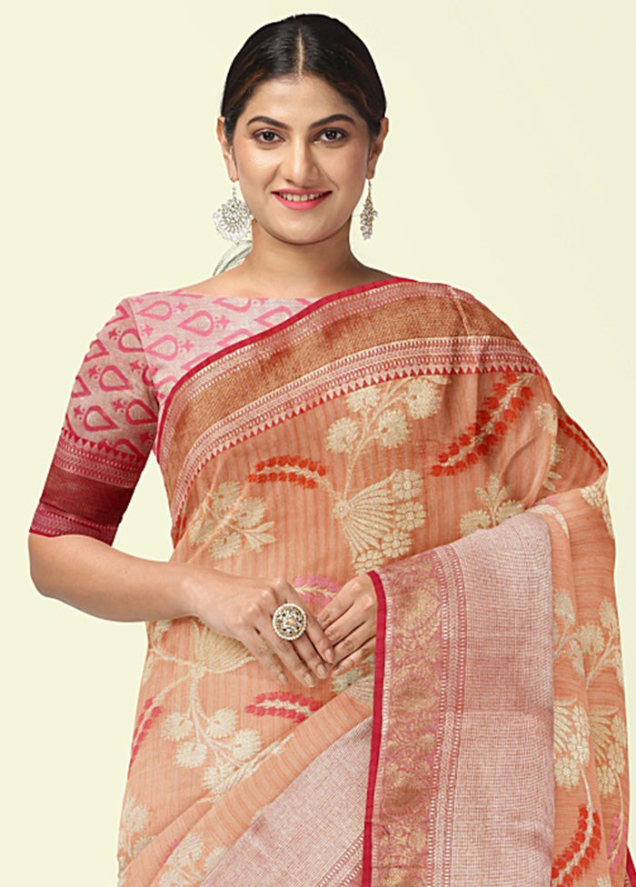 Peach Silk Zari Saree Without Blouse Piece - Indian Silk House Agencies