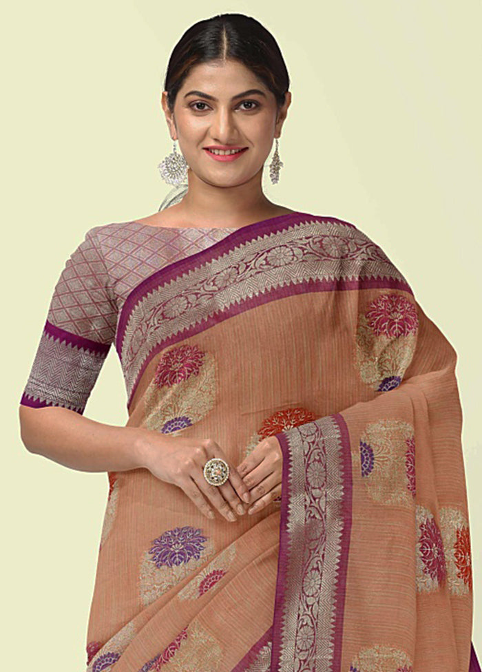 Peach Silk Zari Saree Without Blouse Piece - Indian Silk House Agencies