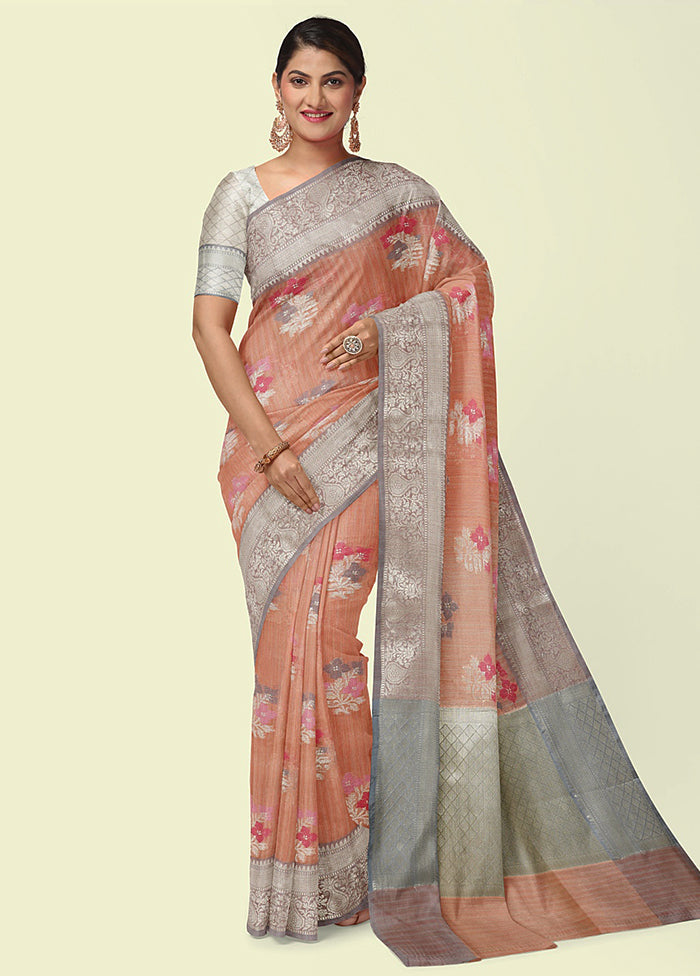 Peach Silk Zari Saree Without Blouse Piece - Indian Silk House Agencies