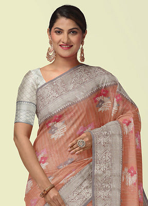 Peach Silk Zari Saree Without Blouse Piece - Indian Silk House Agencies