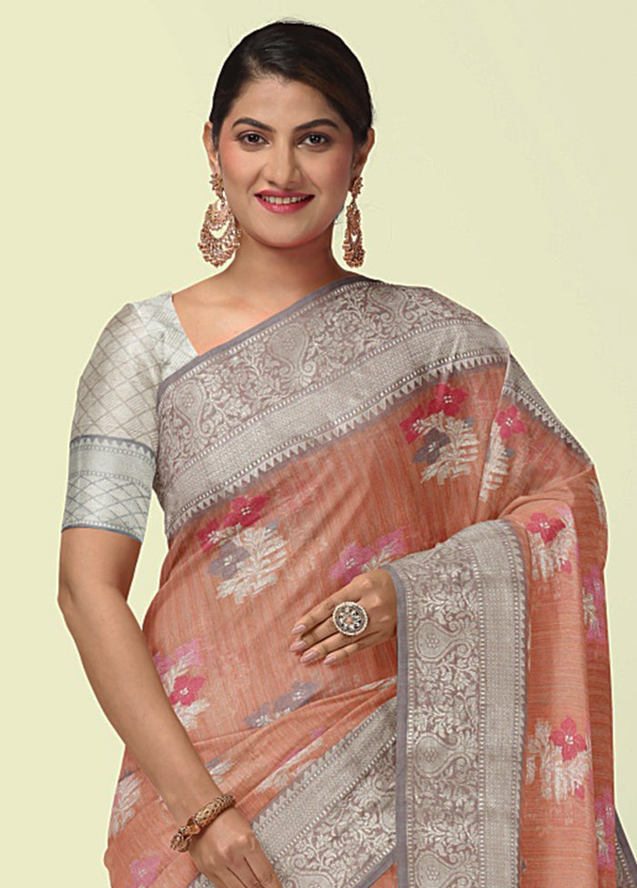 Peach Silk Zari Saree Without Blouse Piece - Indian Silk House Agencies