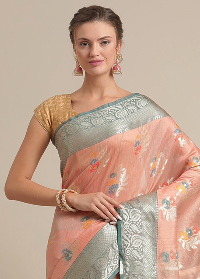 Peach Silk Zari Saree Without Blouse Piece - Indian Silk House Agencies