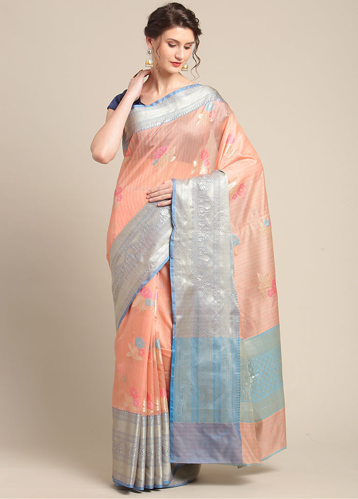 Peach Silk Zari Saree Without Blouse Piece - Indian Silk House Agencies