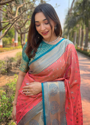 Peach Dupion Silk Saree With Blouse Piece - Indian Silk House Agencies