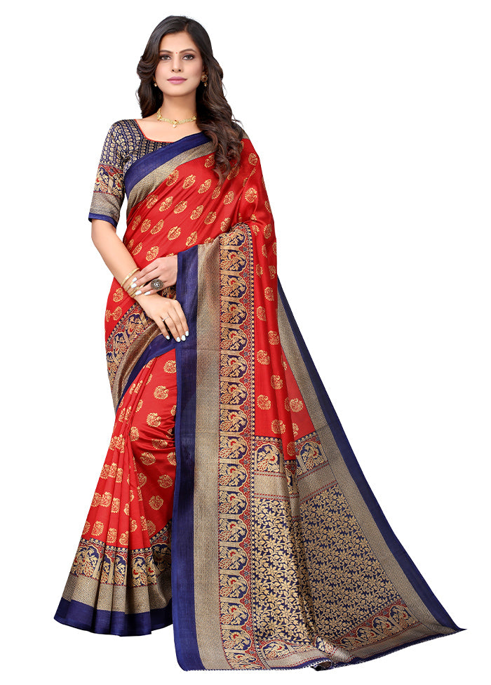 Red Dupion Silk Saree With Blouse Piece