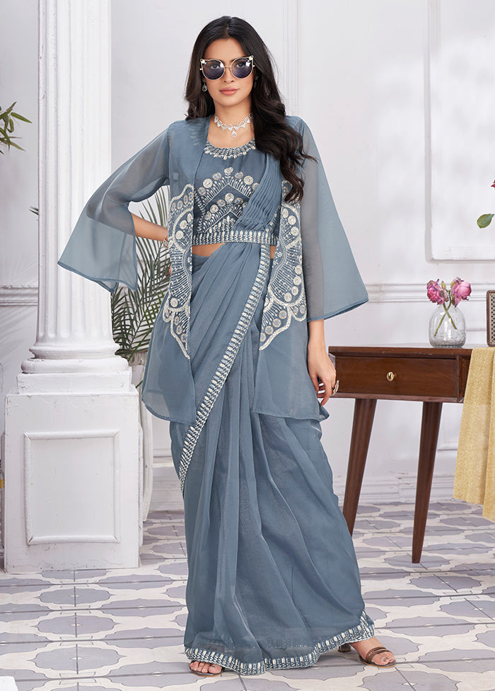 Grey Organza Saree With Blouse Piece