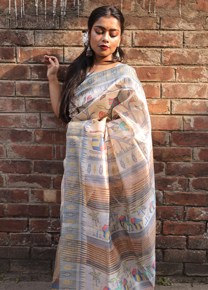 Grey Tussar Silk Saree With Blouse Piece