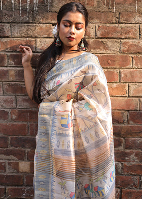 Grey Tussar Silk Saree With Blouse Piece