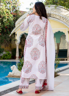 3 Pc White Readymade Cotton Dupatta Suit Set