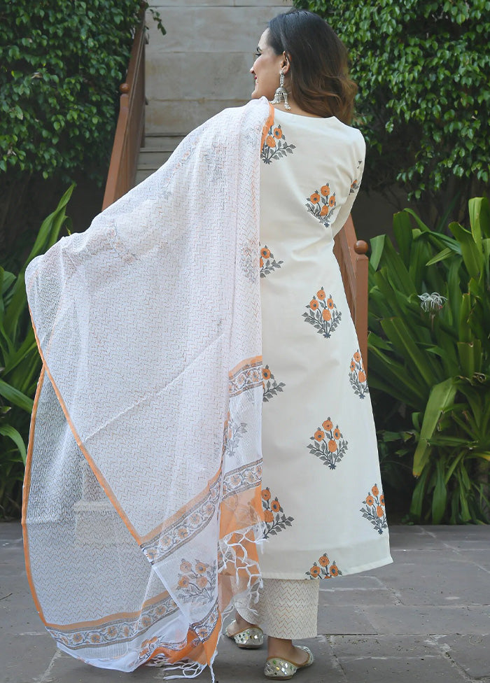 3 Pc White Readymade Cotton Dupatta Suit Set