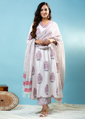 3 Pc White Readymade Cotton Dupatta Suit Set