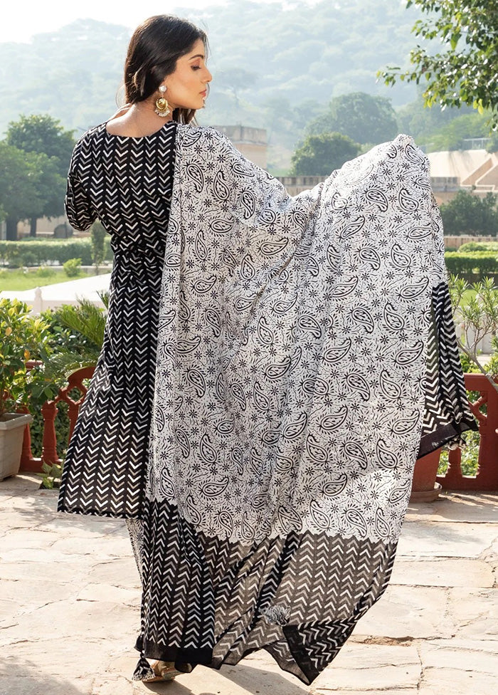 3 Pc Black Readymade Cotton Dupatta Suit Set