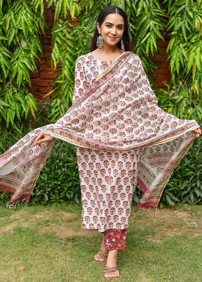 3 Pc Red Readymade Cotton Dupatta Suit Set