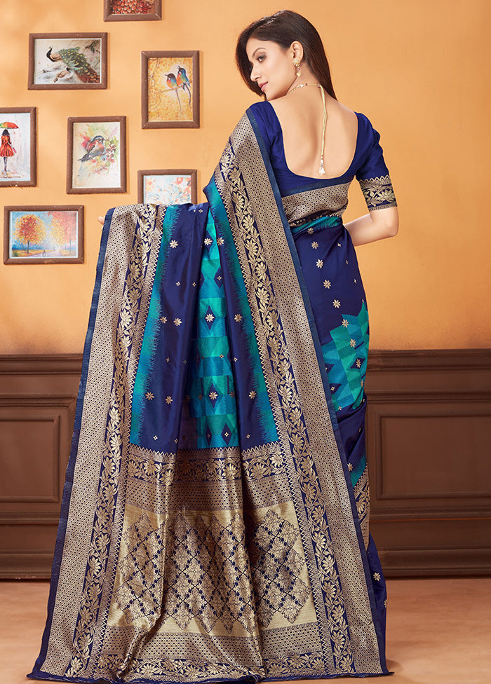 Navy Blue Spun Silk Woven Saree With Blouse Piece - Indian Silk House Agencies