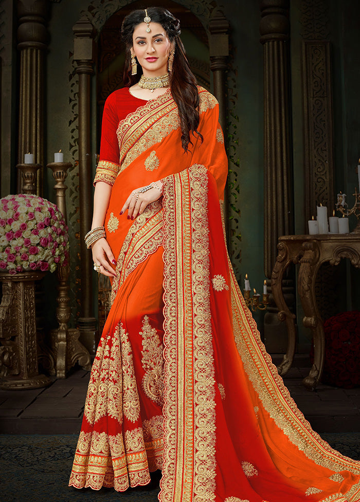 Red Chiffon Silk Embroidered Saree With Blouse Piece - Indian Silk House Agencies