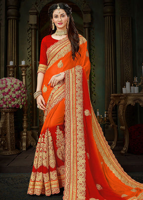 Red Chiffon Silk Embroidered Saree With Blouse Piece - Indian Silk House Agencies