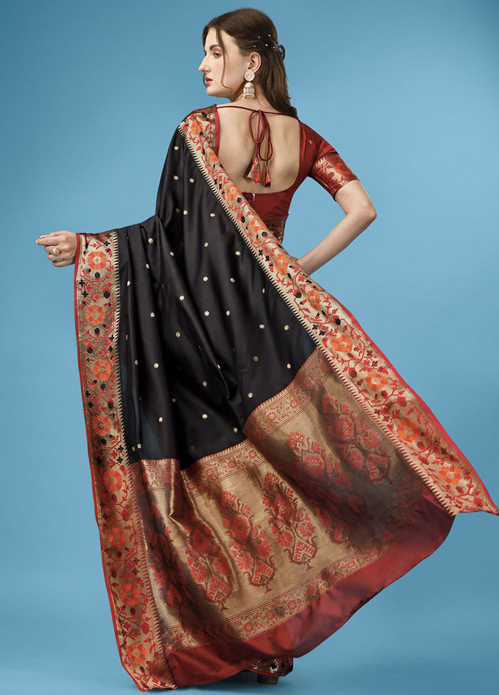 Black Spun Silk Woven Saree With Blouse Piece - Indian Silk House Agencies