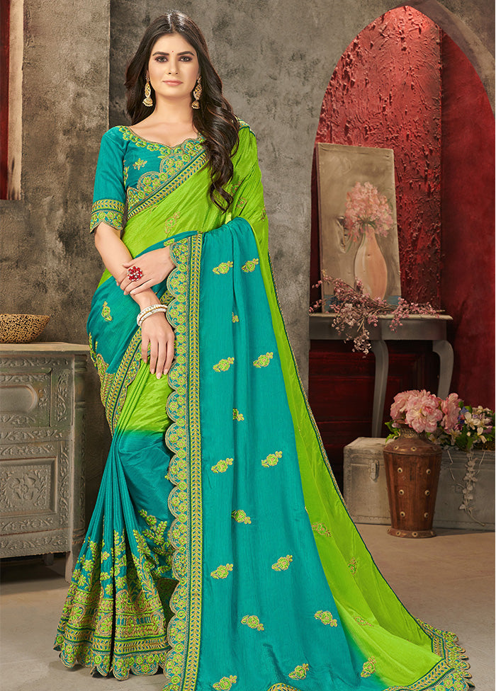 Turquoise Chiffon Silk Saree With Blouse Piece - Indian Silk House Agencies