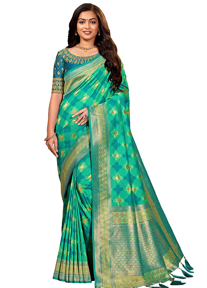 Green Spun Silk Woven Saree With Blouse Piece - Indian Silk House Agencies