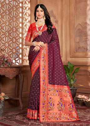 Maroon Dupion Silk Saree With Blouse Piece