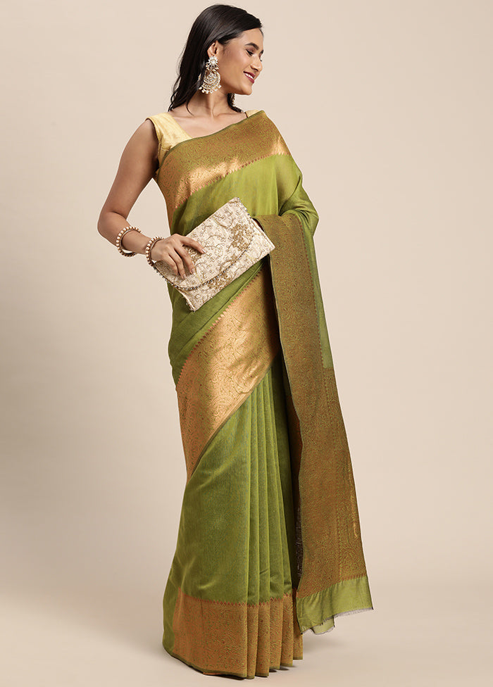 Green Spun Silk Saree With Blouse Piece - Indian Silk House Agencies