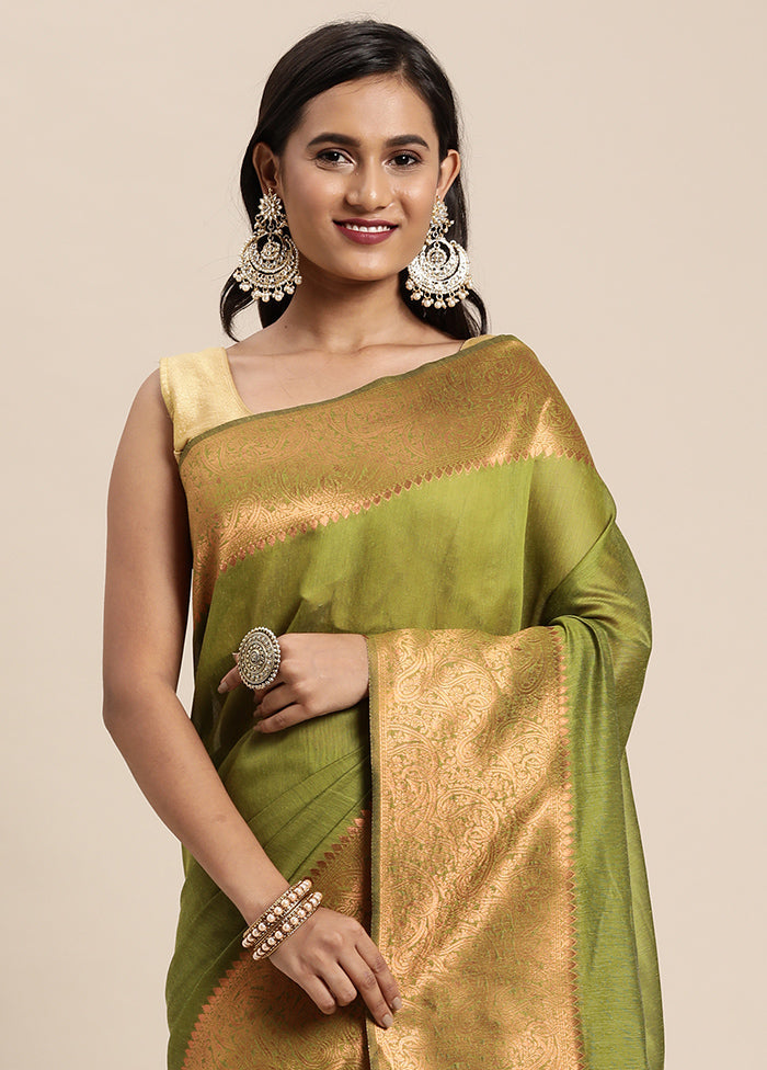 Green Spun Silk Saree With Blouse Piece - Indian Silk House Agencies